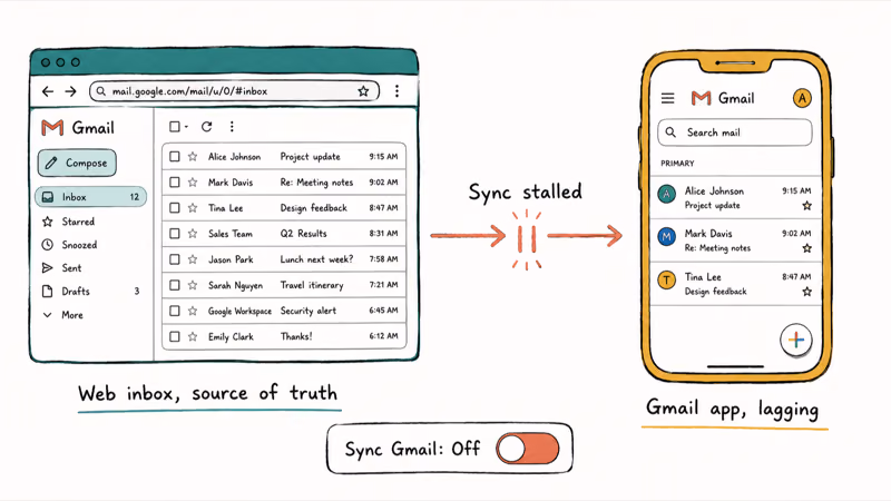 Web inbox as source of truth while the phone app lags behind on sync