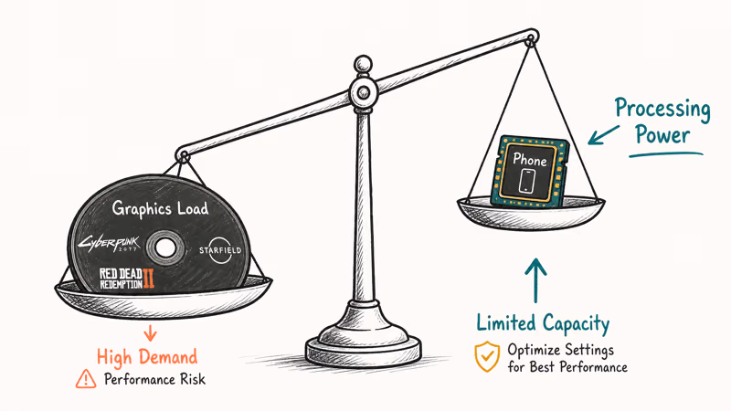 Balance scale weighing a heavy game against limited phone hardware