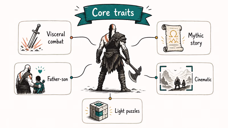 Warrior silhouette with five God of War trait callouts showing melee combat mythic story father-son and cinematic camera