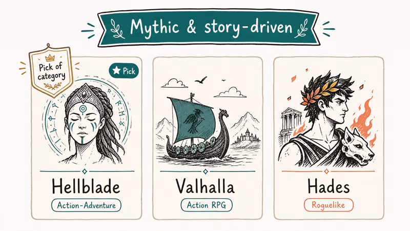Three mythic game tiles for Hellblade Assassins Creed Valhalla and Hades with pick of category badge on Hellblade