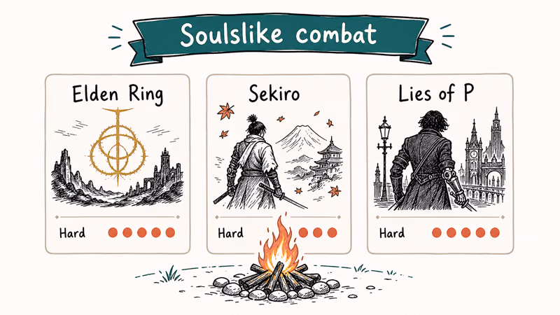Three soulslike game tiles for Elden Ring Sekiro Shadows Die Twice and Lies of P with difficulty meters
