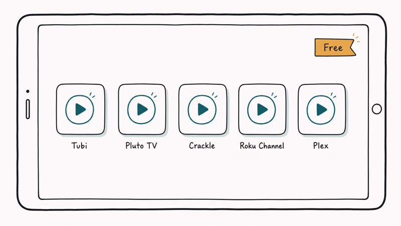 Five free legal streaming app tiles labeled Tubi, Pluto TV, Crackle, Roku Channel, and Plex