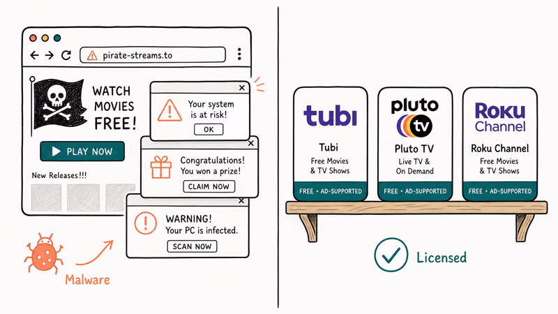 Split illustration comparing a risky pirate streaming site with safe licensed streaming apps