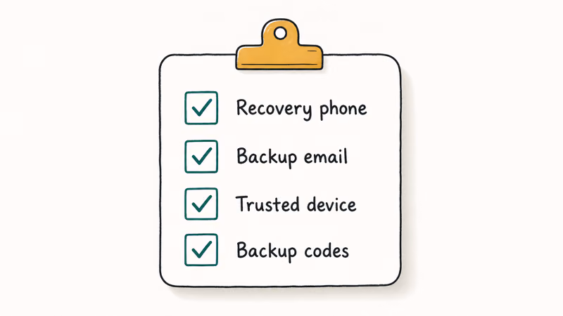 A four-item checklist for recovery phone, backup email, trusted device, and backup codes