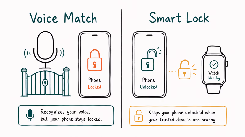 Comparison card showing Voice Match gating Assistant queries versus Smart Lock unlocking the phone
