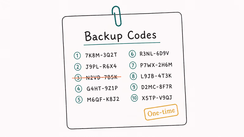A sheet of ten single-use Google backup codes with one code already crossed out