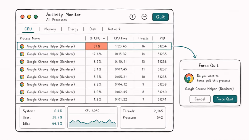 Hand-drawn Activity Monitor window with a Chrome Helper renderer at 87 percent CPU and Quit button highlighted.