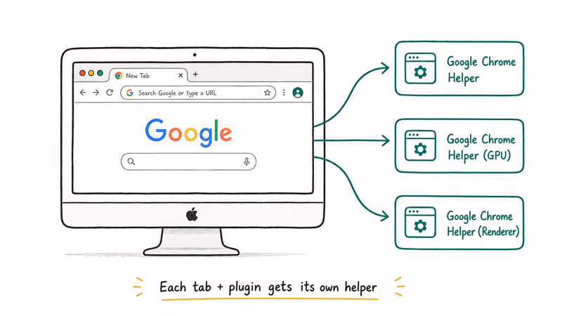 Hand-drawn Mac with Chrome branching out to three helper process cards explaining the multi-process architecture.