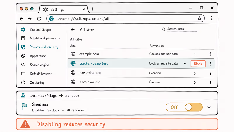 Hand-drawn Chrome Settings showing site permissions and flags sandbox toggle for limiting helper spawn with warning.