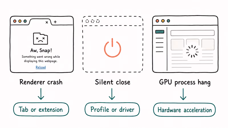 Three Chrome crash signatures Aw Snap silent close and GPU hang mapped to root causes
