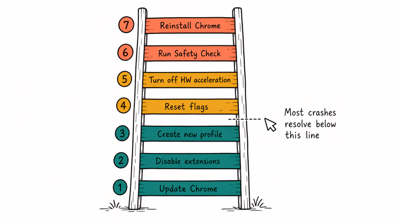 Seven step Chrome fix ladder from update to reinstall with stop here marker at step three