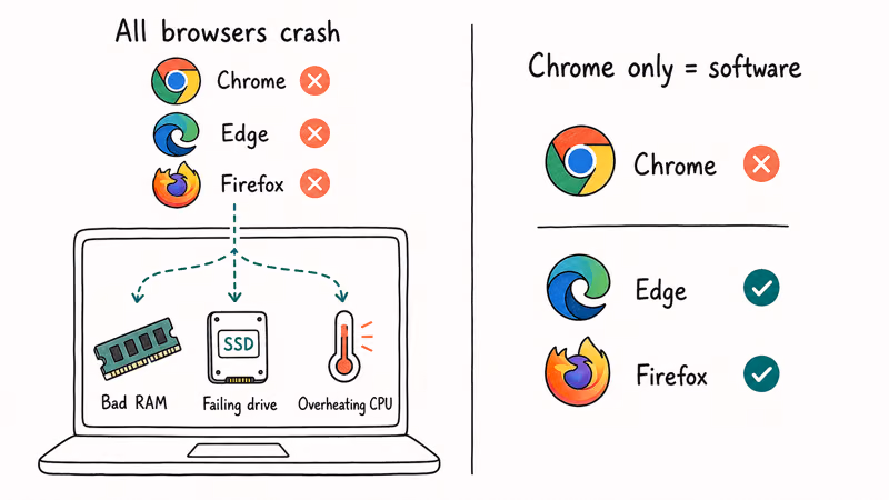 Comparing all browsers crashing for hardware faults versus Chrome only software issue