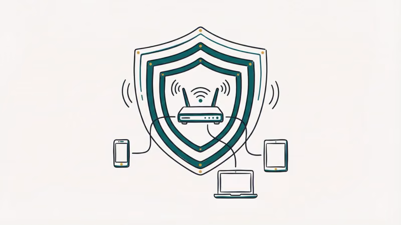 Wi-Fi router inside shield layers connected to phone laptop and tablet