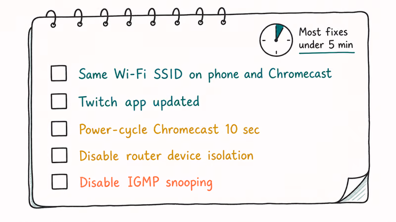 Five row checklist for missing Twitch cast button covering Wi-Fi and router settings
