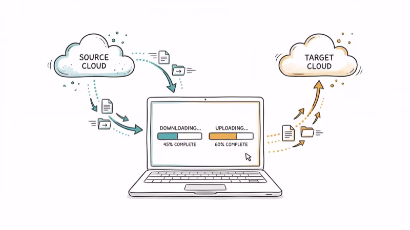 Computer downloading files from cloud and uploading to another cloud
