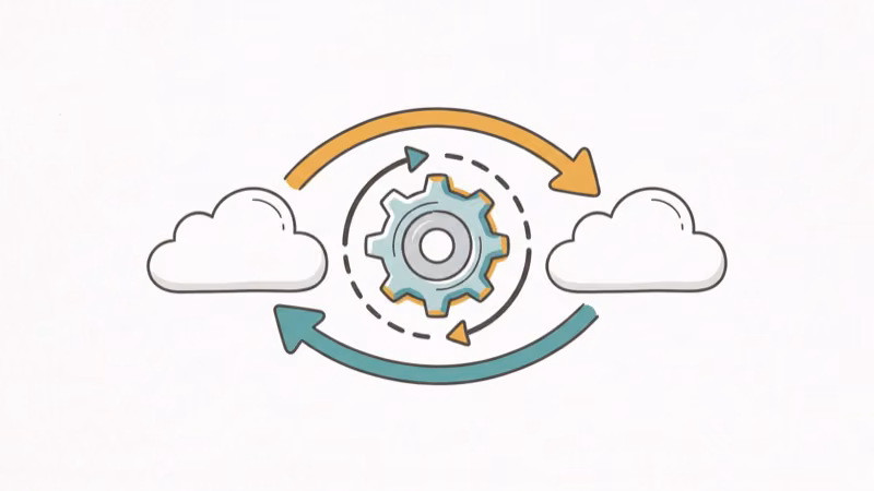 Gear icon connecting two cloud services with automated sync arrows