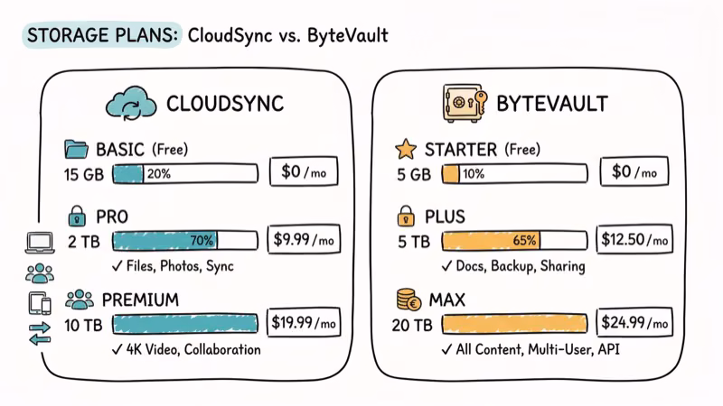Comparison chart showing storage plans with capacity bars and pricing