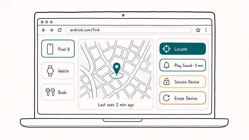 Browser at android.com/find showing map pin and four action buttons including Play Sound and Erase.