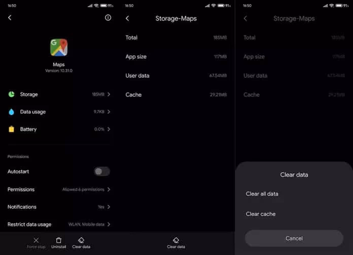 Empty the cache and data of Map app to Fix Google Maps Not Working