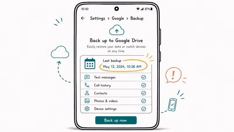 Android backup settings screen showing last backup date with text messages included before switching