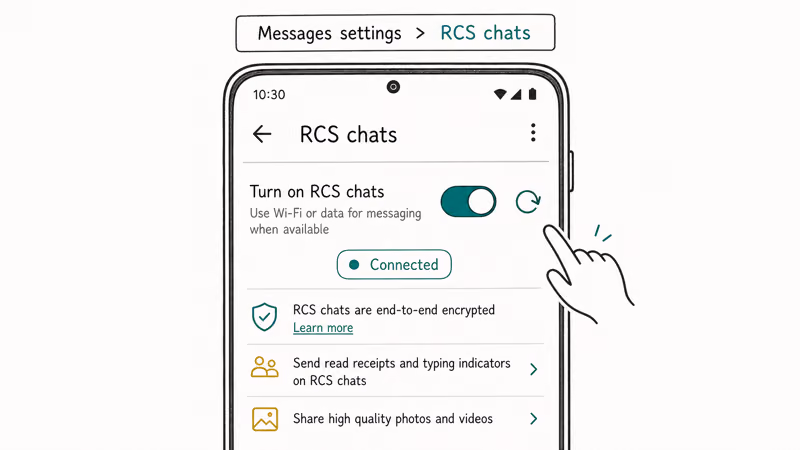 Google Messages RCS chats settings screen showing chat features connected on the new phone