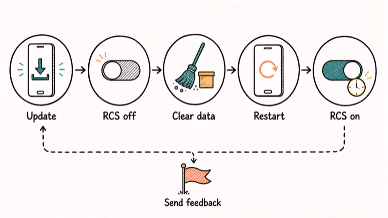 Flowchart of Google's five official steps for clearing RCS error 3100