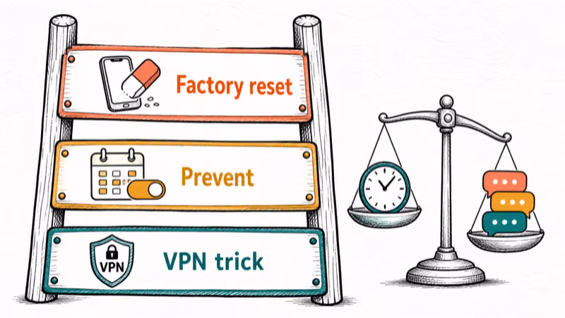 Community workarounds for error 3100 ranked from low-risk VPN trick to last-resort factory reset