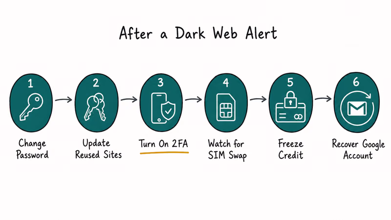 Six numbered steps for responding to a dark web breach alert connected by arrows.