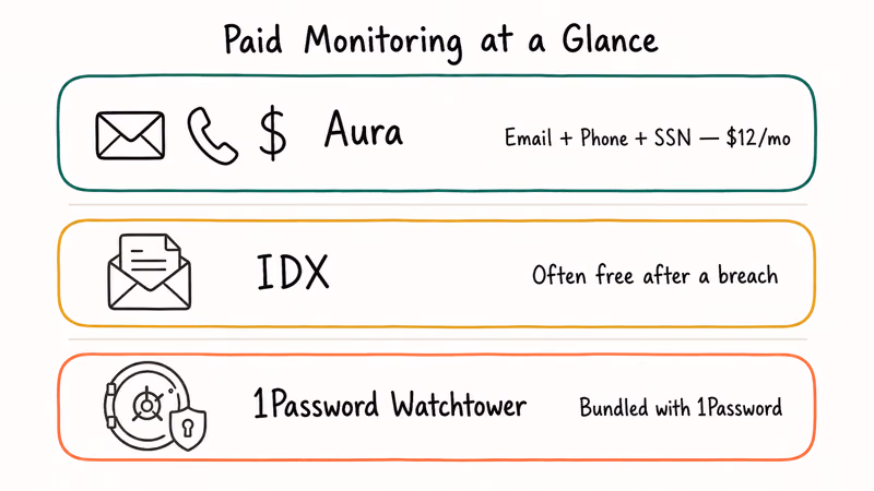 Three stacked cards comparing paid identity monitoring services Aura, IDX, and 1Password Watchtower.