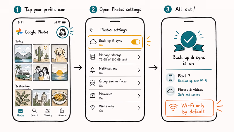 Three-panel phone flow opening Google Photos profile finding Back up sync toggle and confirming Wi-Fi default