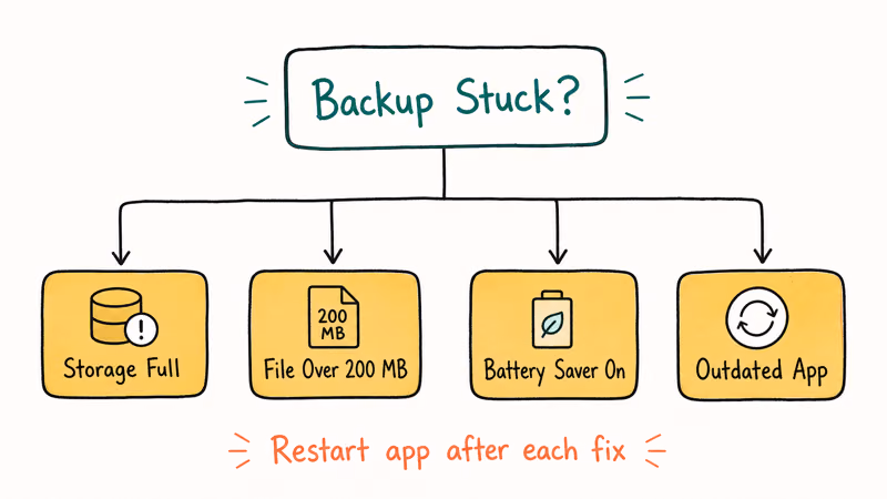 Decision tree of four common causes for stuck Google Photos backup with restart app reminder footer