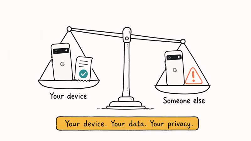 A balance scale comparing an owned Pixel with proof against an unowned device warning