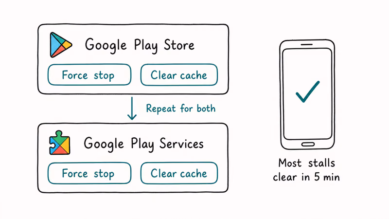 Two app cards showing force stop and clear cache for Play Store and Play Services