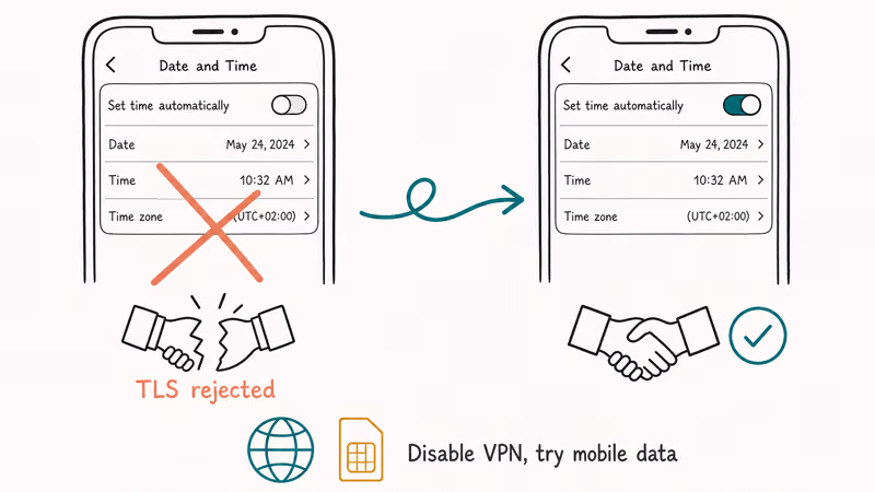 Phone clock drift breaks TLS handshake fixed by enabling automatic time toggle
