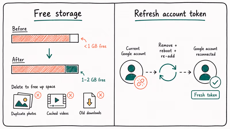 Two column remedy showing storage cleanup and Google account token refresh side by side