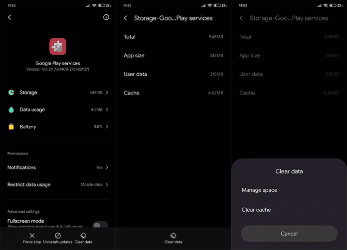 Clear data on the Google Play Services and Play Store