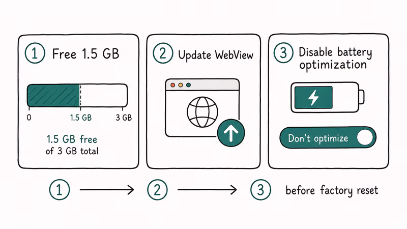 Three card row showing free storage update WebView and disable battery optimization in order