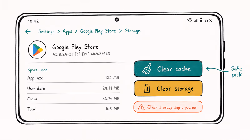 Android settings path to Play Store storage with clear cache and clear storage options