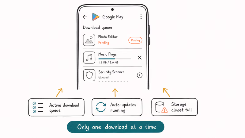 Play Store queue with pending app and three blockers active downloads auto-updates and storage full