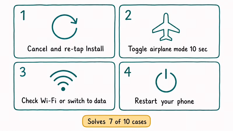 Four quick fix cards for Play Store pending cancel toggle airplane check Wi-Fi and restart phone
