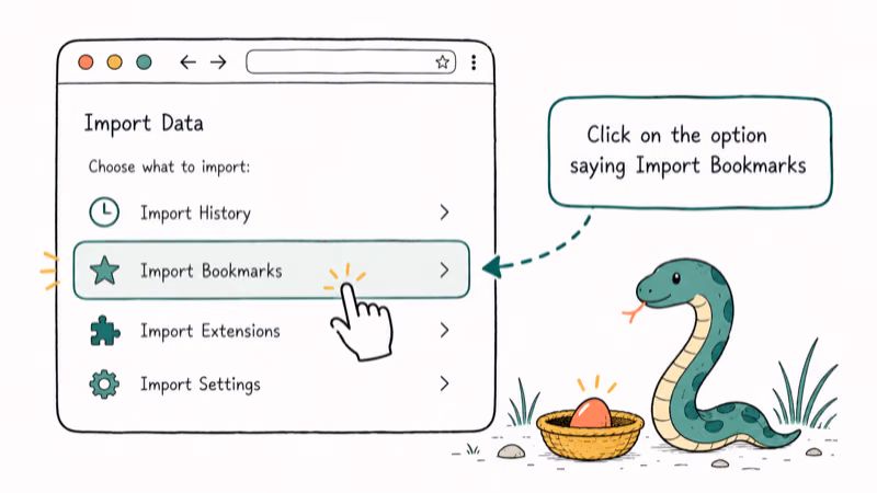 Hand-drawn illustration of Click on the option saying Import Bookmarks
