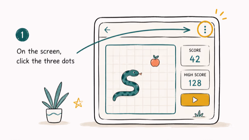 Hand-drawn illustration of On the screen, click the three dots