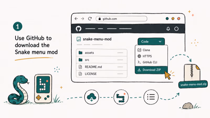 Hand-drawn illustration of Use GitHub to download the Snake menu mod