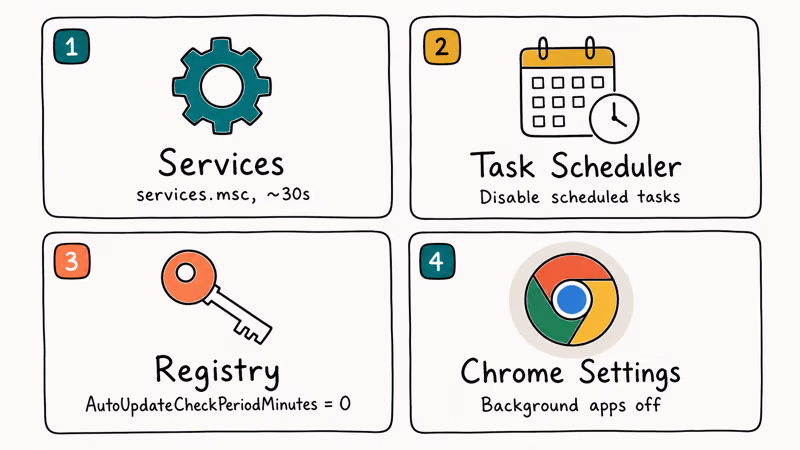 Four panel overview of disable methods covering Services, Task Scheduler, Registry edit, and Chrome settings.