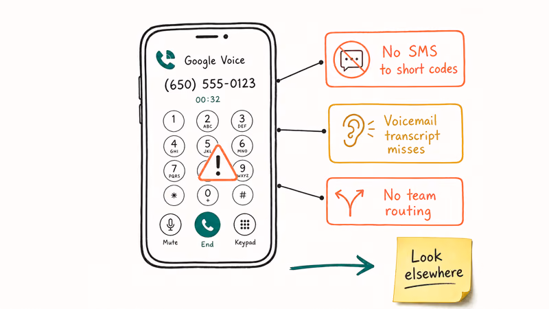 Hand-drawn smartphone showing Google Voice limitations including missing SMS short codes and team routing gaps