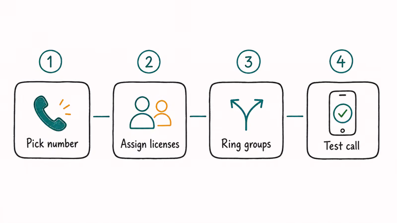 Hand-drawn four-step setup row for picking a number assigning licenses mapping ring groups and testing