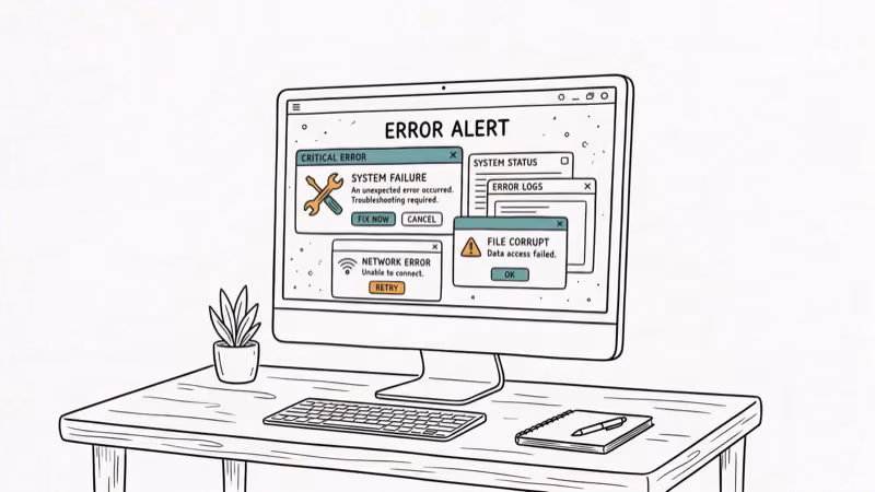 Computer screen showing error dialog boxes with troubleshooting wrench