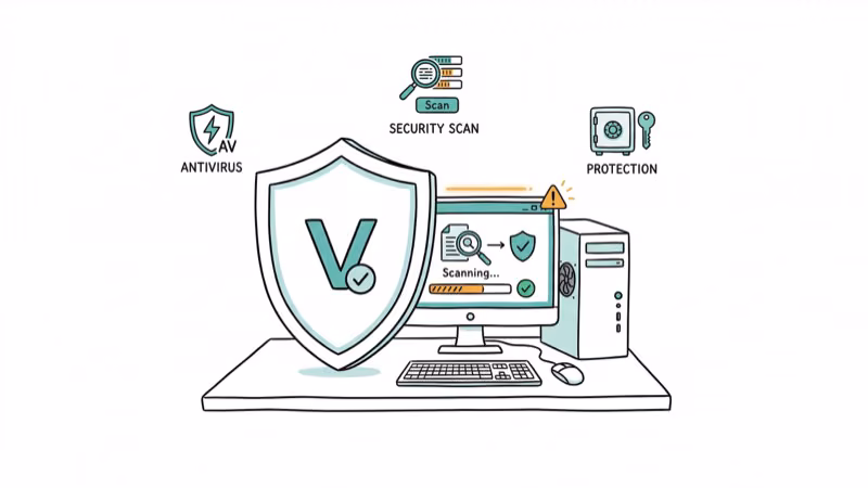 Shield protecting a computer with security scan and antivirus icons
