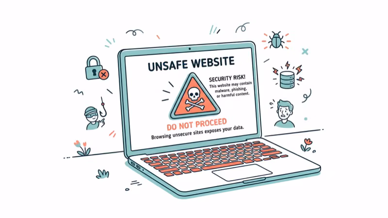 Laptop with warning triangle showing security dangers of unsafe websites