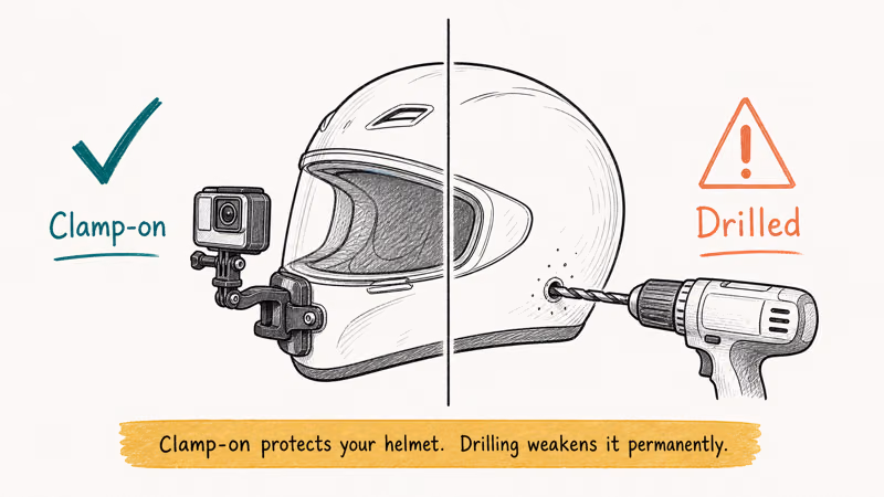 A helmet comparing a safe clamp-on mount against a shell-drilling mount that voids certification